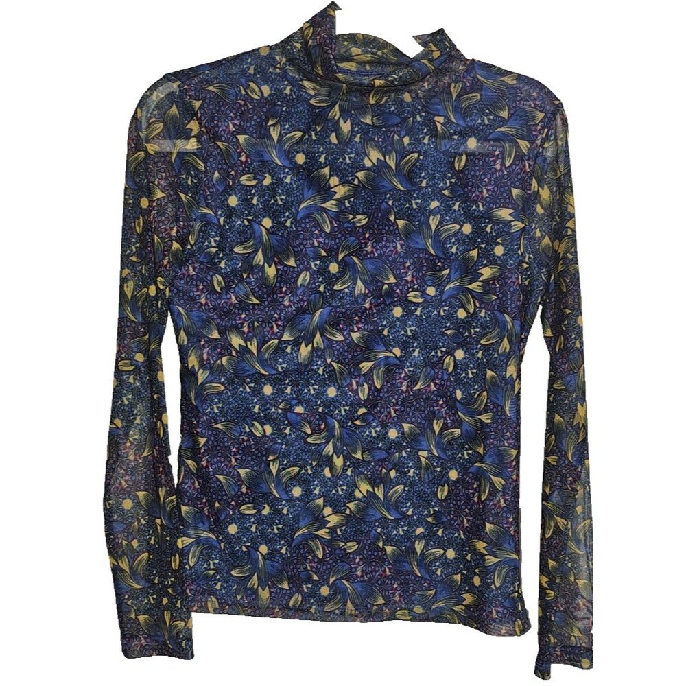 Anthropologie T-Shirt Womens XS Blue Floral Mesh Mock Neck Slim Jersey